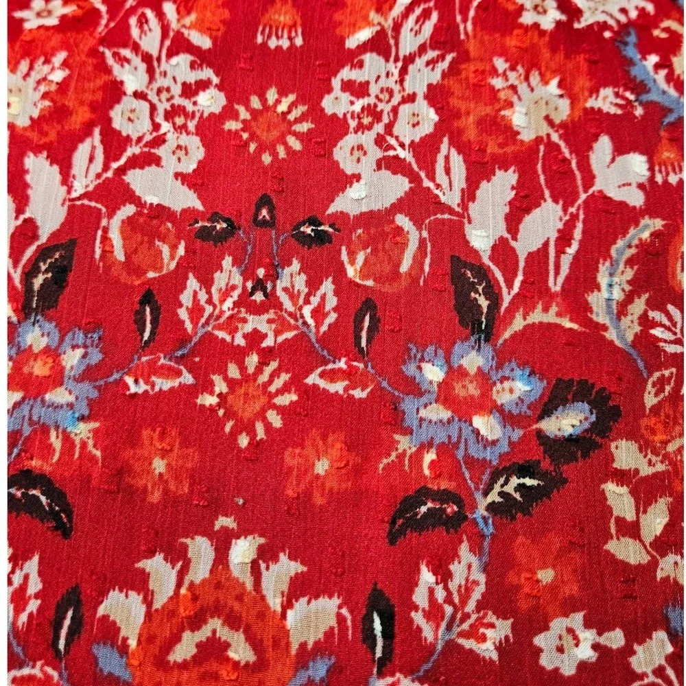LOFT Red Floral Clip‎ Dot Tiered Midi Dress Long Sleeve Ruffle V-Neck Size M